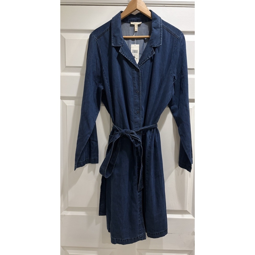 Eileen Fisher Denim Dress Womens XL Blue Belted Button Front Shacket Boho New